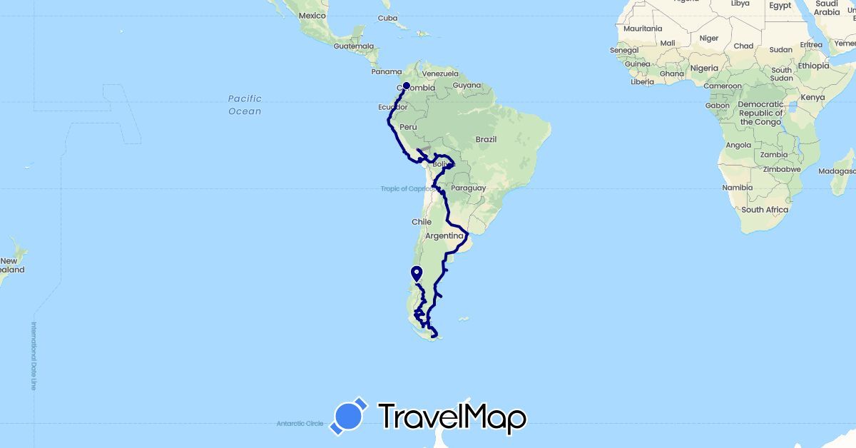 TravelMap itinerary: driving, plane, train in Argentina, Bolivia, Chile, Colombia, Ecuador, Peru (South America)